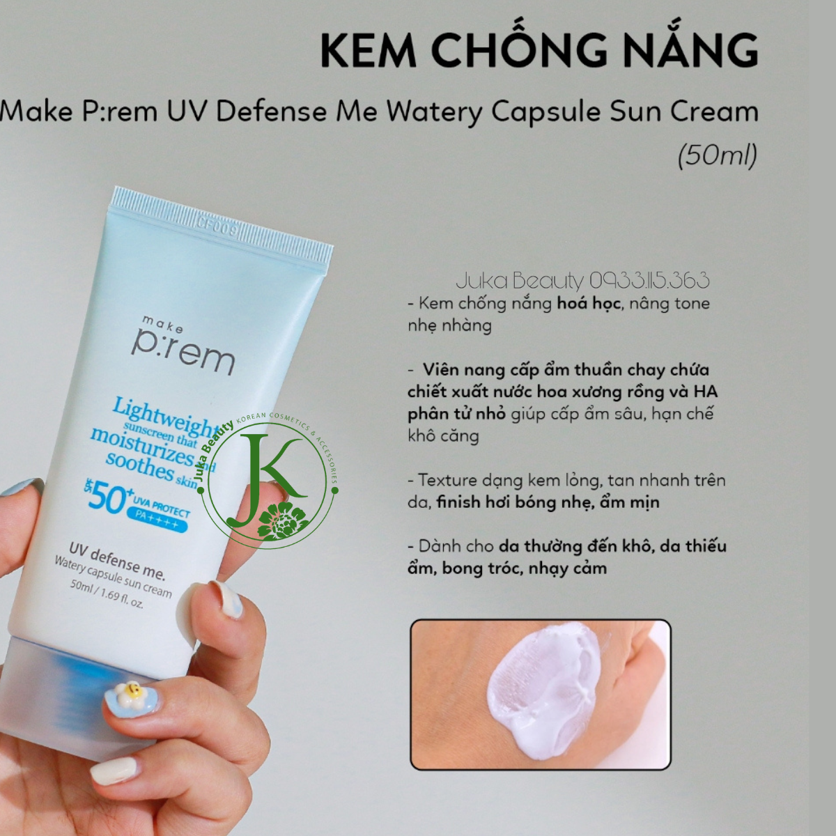  Kem Chống Nắng Cấp ẩm Make P:rem UV Defense Me Watery Capsule Sun Cream SPF50+ PA++++ 50ml 