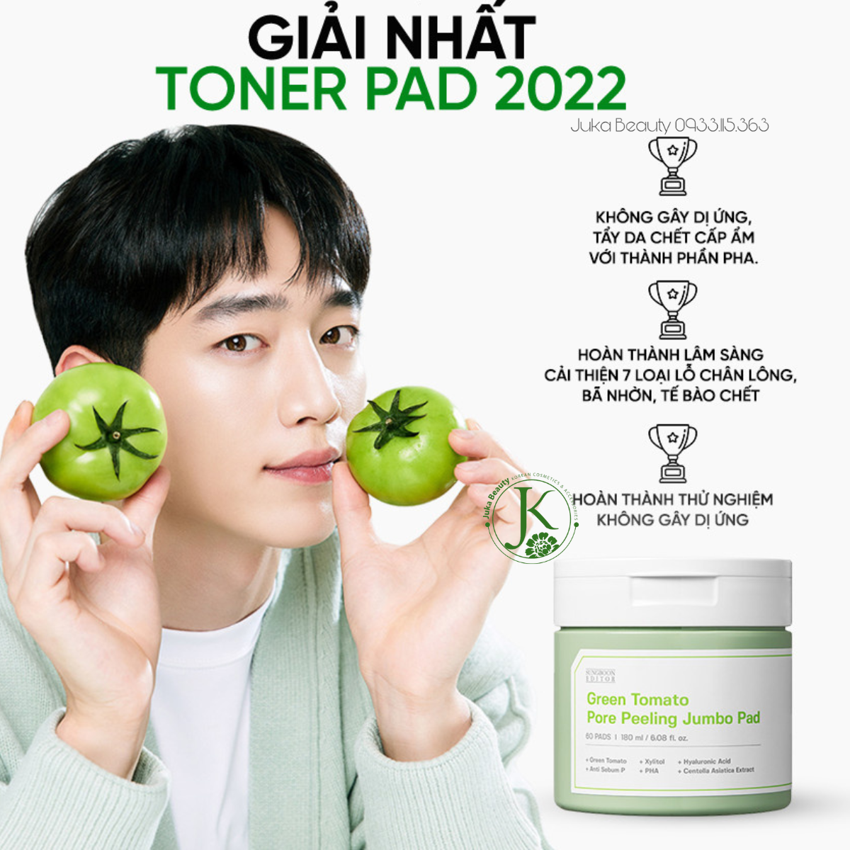  Toner Pad Cà Chua Xanh Thu Nhỏ Lỗ Chân Lông Sungboon Editor Green Tomato Pore Peeling Jumbo Pad 180ml (60 miếng) 