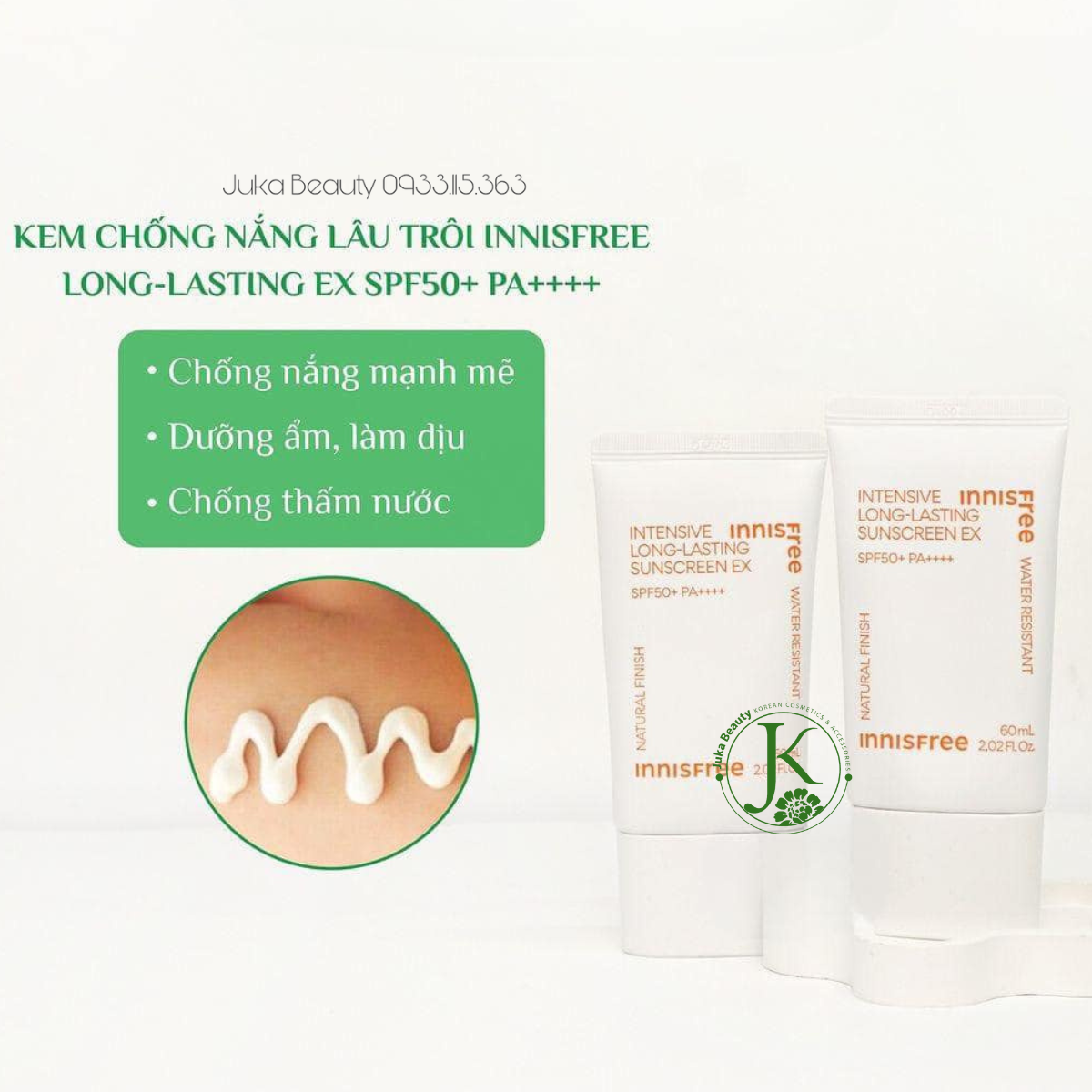  (Mẫu Mới) Kem Chống Nắng Kiềm Dầu, Lâu Trôi Innisfree Intensive Long Lasting Sunscreen Ex SPF50+PA++++ 60ml 