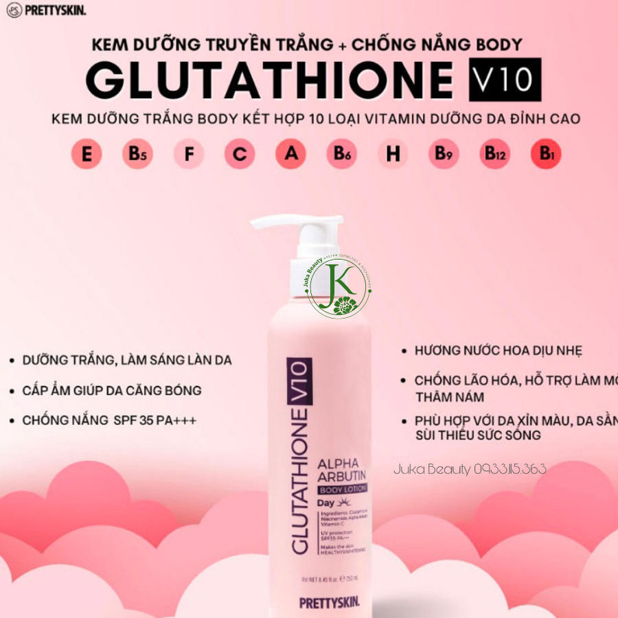  Dưỡng Thể Trắng Da Chống Nắng Ban Ngày PrettySkin Body Glutathione V10 Alpha Arbutin Body Lotion 250ml (Hồng) 