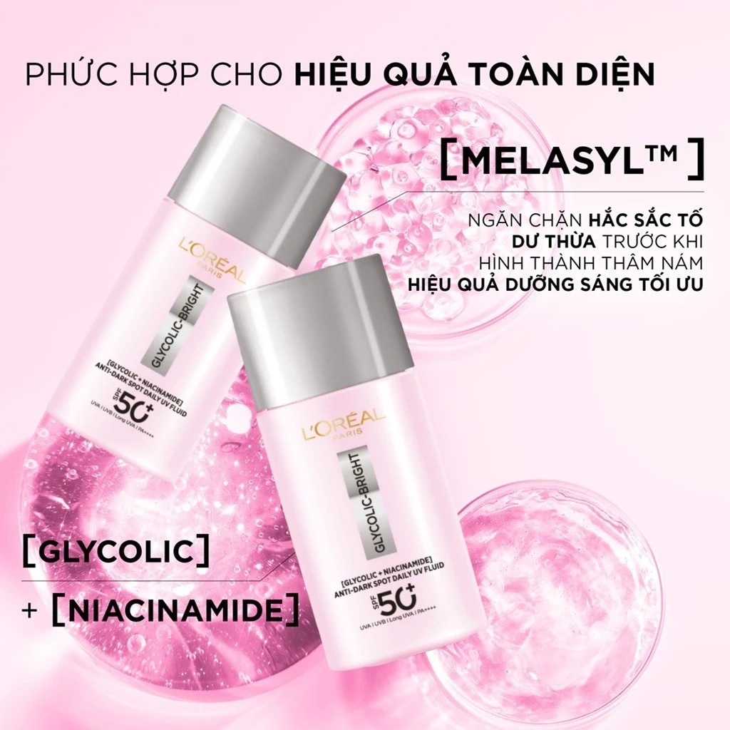  Kem Chống Nắng L'Oréal LOREAL Glycolic Bright Anti Dark Spot Daily UV Fluid SPF50+ PA++++ 50ml 
