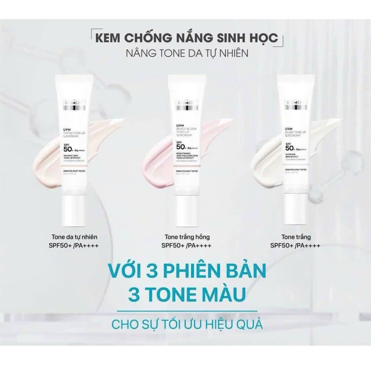  Kem Chống Nắng Nâng Tone, Kiềm Dầu Biomeek UVM TONE UP Suncream SPF50+ PA++++ 30ml (3 dòng) 