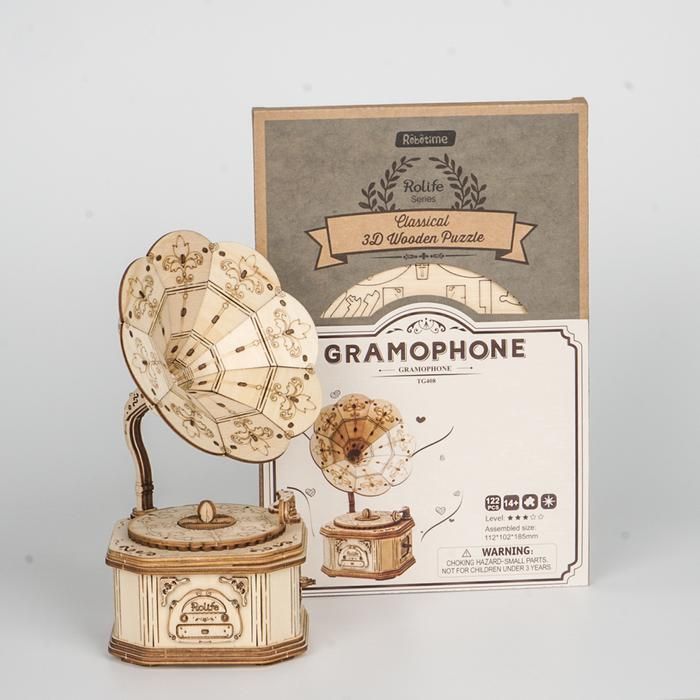 Mô hình gỗ lắp ráp 3D Gramophone (Máy Hát Cổ Điển) (Wood Color) - Robotime TG408 - WP060