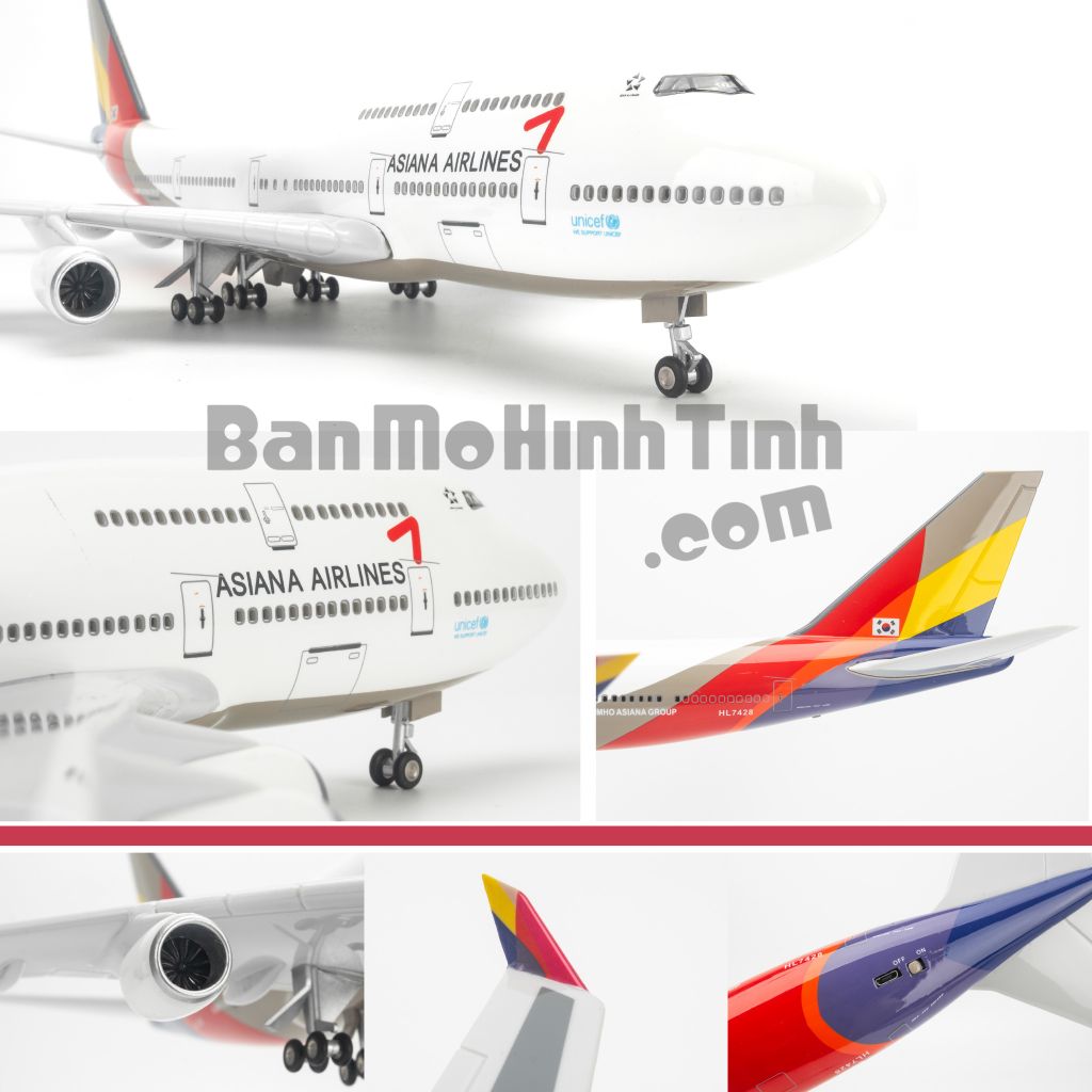 Mô hình máy bay Asiana Airlines Boeing B747 47cm lắp ráp có đèn Everfly