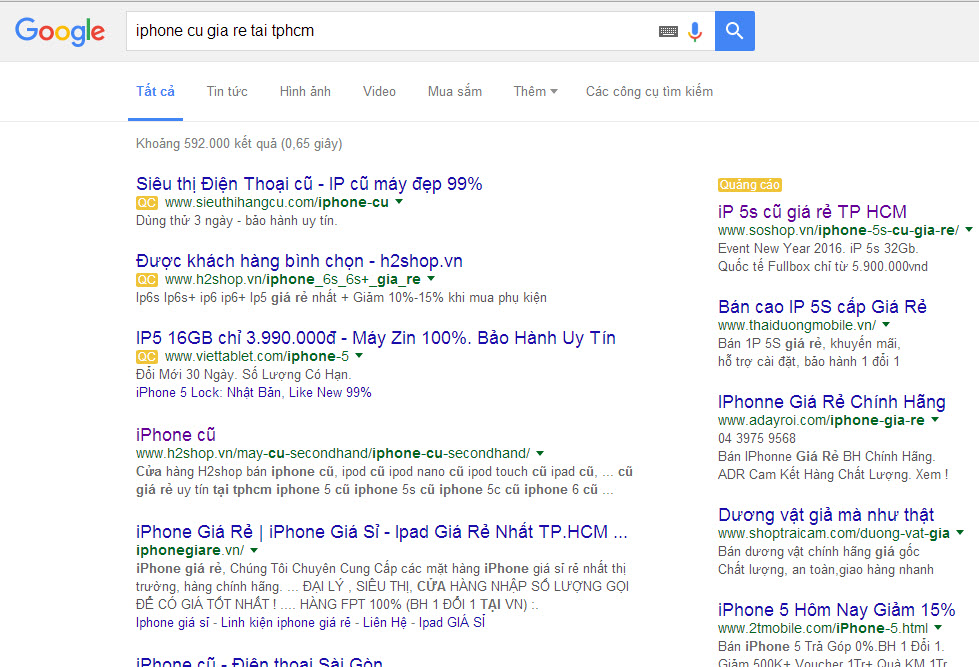 kết quả tìm kiếm cụm từ: "iphone cu gia re tai tphcm" trên google