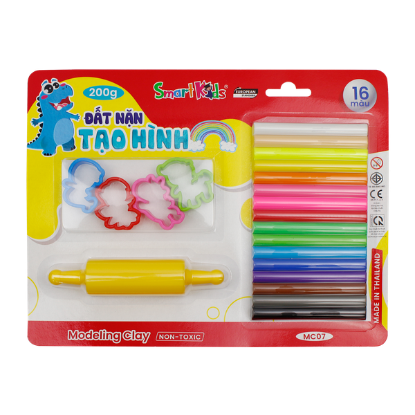 Đất nặn vỉ nhựa 200g 4 khuôn và cây lăn MC07 (16 màu/hộp)