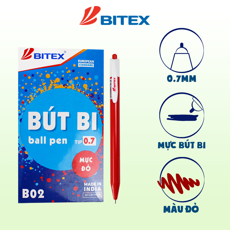 Bút bi mực xanh / đỏ / đen (0.7mm) B02 (20 cây/hộp)