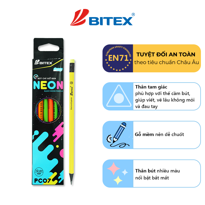 Bút chì đen 2B Neon (hộp giấy) PC07 (12 cây/hộp)