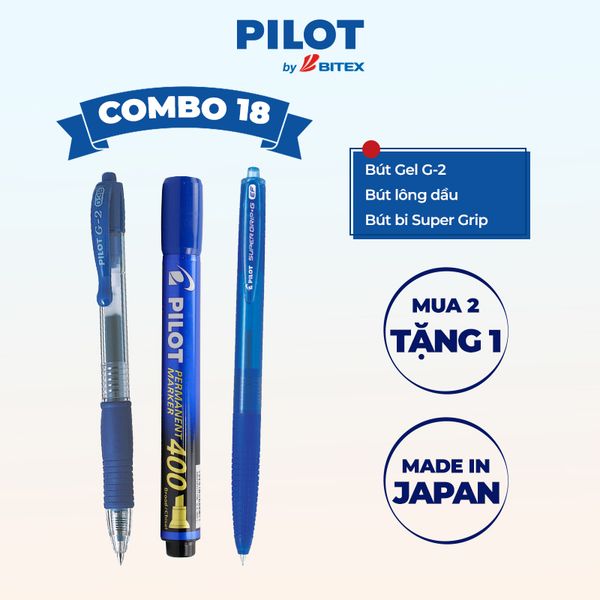 Combo Pilot 18 : Bút gel G-2 xanh, Bút lông dầu mực xanh, Bút bi Super Grip.G mực xanh