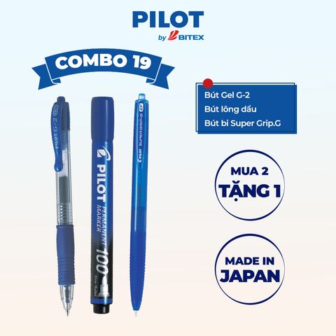Combo Pilot 19 : Bút gel G-2 mực xanh, Bút lông dầu mực xanh, Bút bi Super Grip.G mực xanh