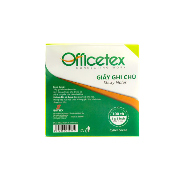 Giấy ghi chú Officetex 3 x 3 cyber màu xanh lá dạ quang