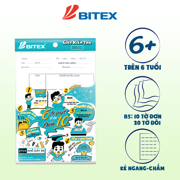 Giấy kiểm tra khổ B5 kẻ ngang có chấm 80gsm EP 04 (20 tờ đôi + 10 tờ đơn/xấp)