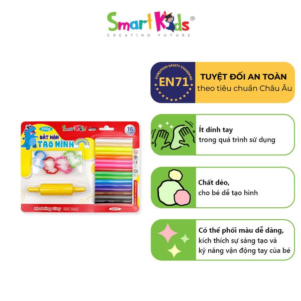 Đất nặn vỉ nhựa 200g 4 khuôn và cây lăn MC07 (16 màu/hộp)