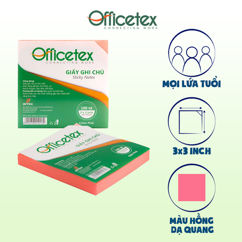 Giấy ghi chú Officetex 3 x 3 cyber màu hồng dạ quang