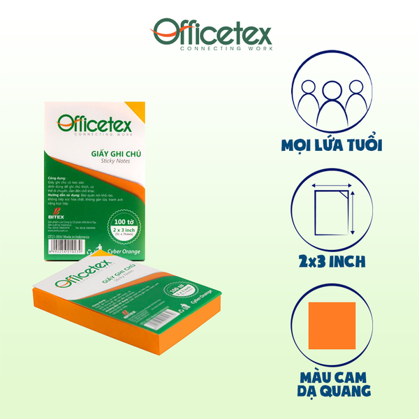 Giấy ghi chú Officetex 3 x 2 cyber màu cam dạ quang