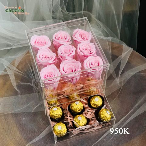 Hộp 9 bông hồng vĩnh cữu hồng pastel + 9 viên kẹo