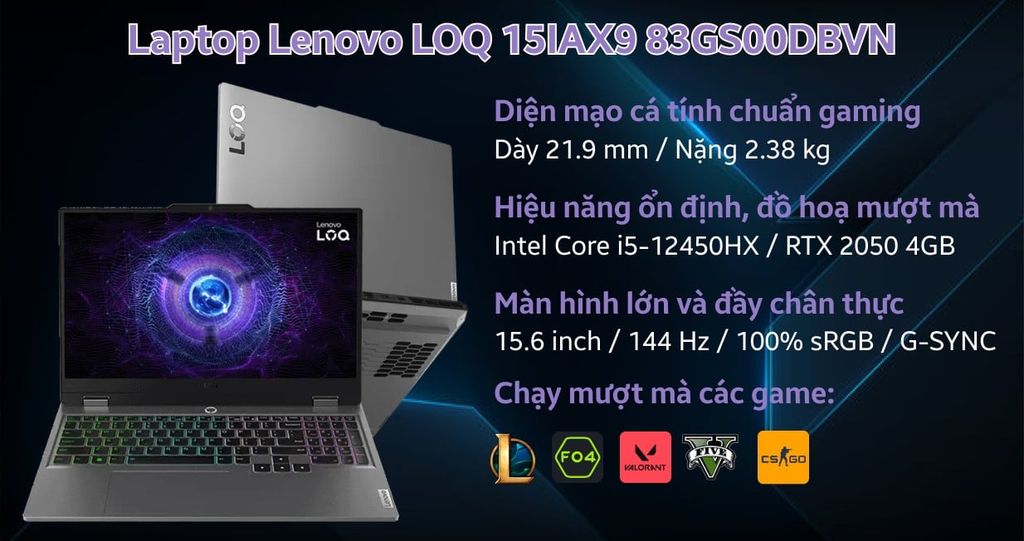 Laptop Lenovo LOQ 15IAX9 - 83GS001SVN (Intel Core i5-12450HX | RTX 2050 | 12GB | 512GB | 15.6 inch FHD | Win 11 | Xám)