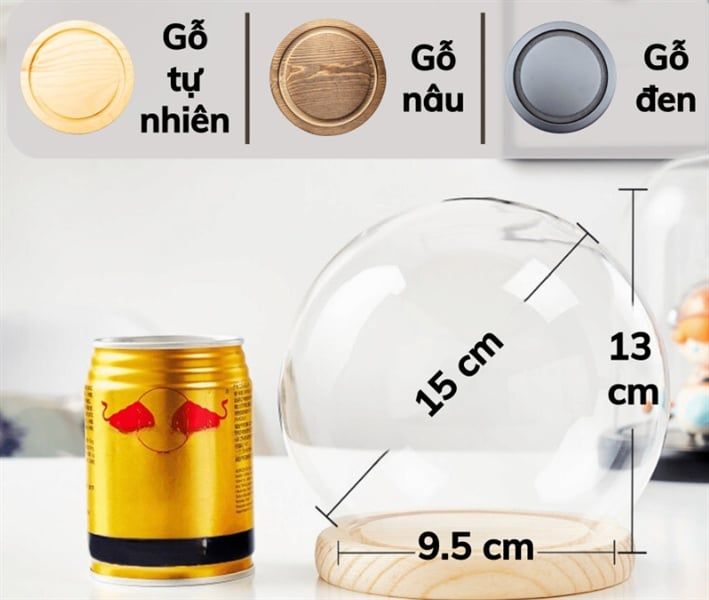  Chụp thủy tinh đế gỗ hình trụ 7X12 
