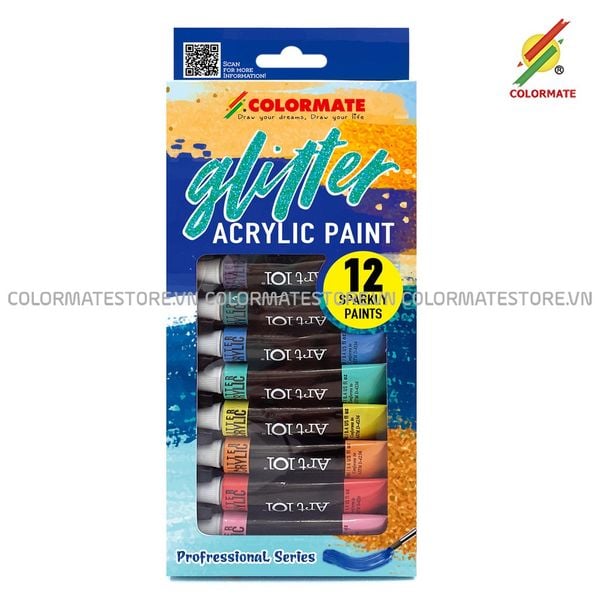  Hộp Giấy 12 Tuýp Glitter Acrylic Paint-Colormate 