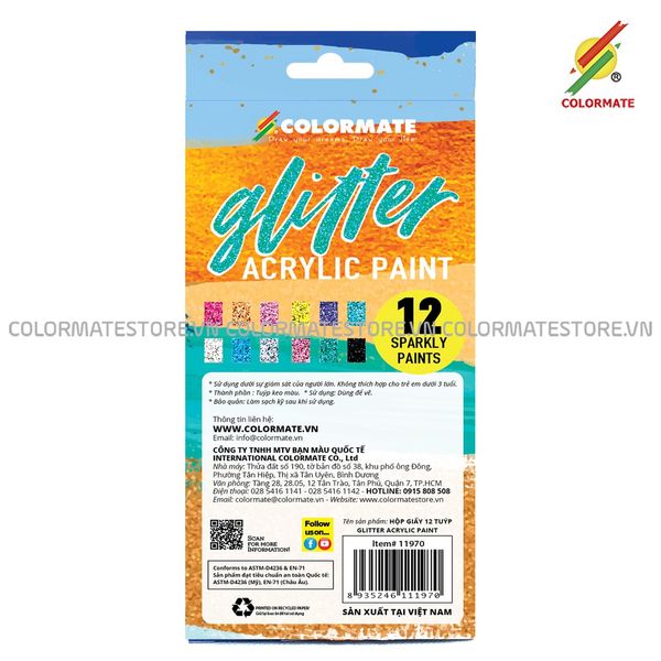  Hộp Giấy 12 Tuýp Glitter Acrylic Paint-Colormate 