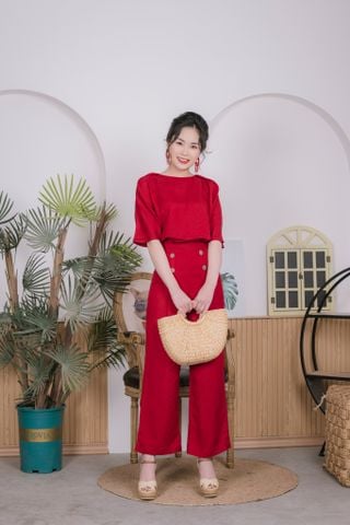 Set quần áo linen dáng suông cạp liền