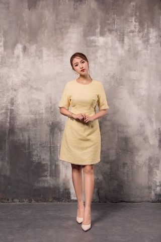 Váy dạ tweed tay lửng đính đá - Vàng