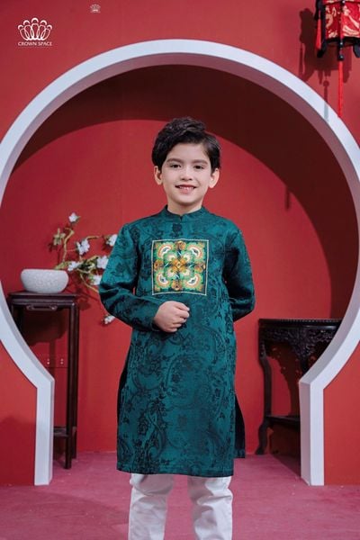Áo Dài Gấm Hoa Bé Trai Xanh Ngọc Cao Cấp, Cách Tân, Sang Trọng | Crown Space CKBL9942003