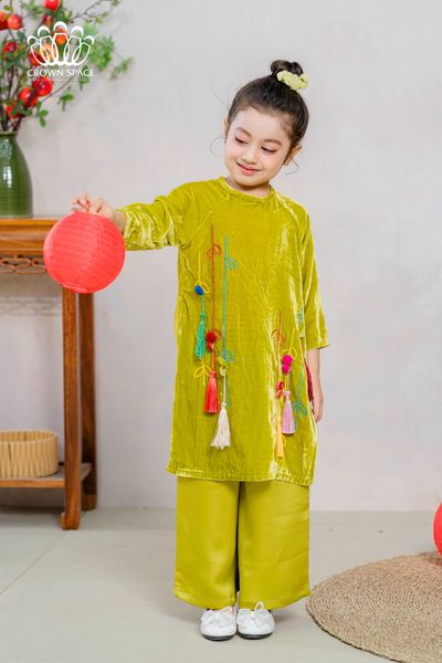  Áo Dài Nhung Dành Cho Bé Gái Crown Kids Cao Cấp CKGL9933109, CKGL9933110 Size 14 - 35Kg 