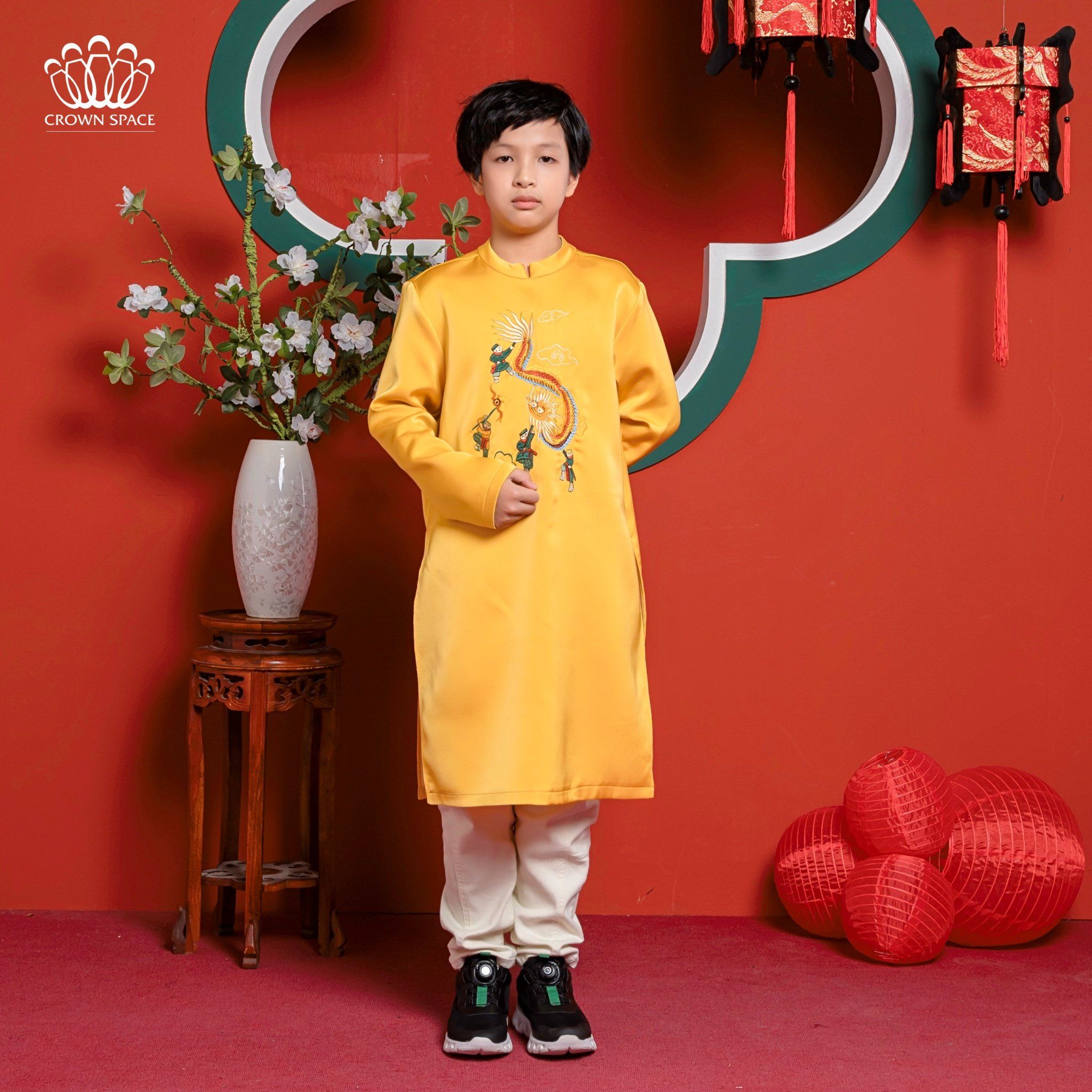  Áo Dài Gấm Dành Cho Bé Trai Crown Kids Cao Cấp CKBL9933112 Size 12 - 43Kg 