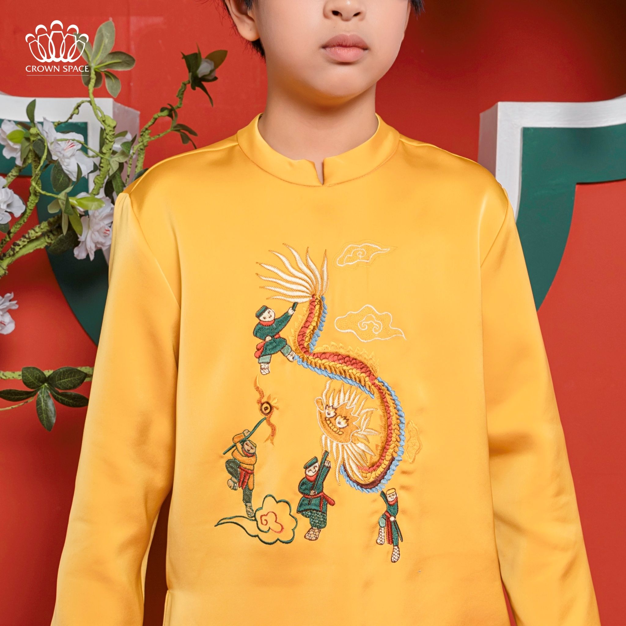  Áo Dài Gấm Dành Cho Bé Trai Crown Kids Cao Cấp CKBL9933112 Size 12 - 43Kg 