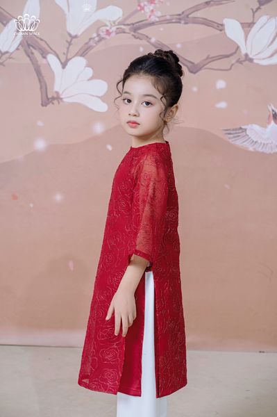  Áo Dài Tơ Bé Gái Thêu Hoa Hồng Kim Tuyến Màu Đỏ Rực Rỡ Crown Space CKGL9942101, CKGL9942102 