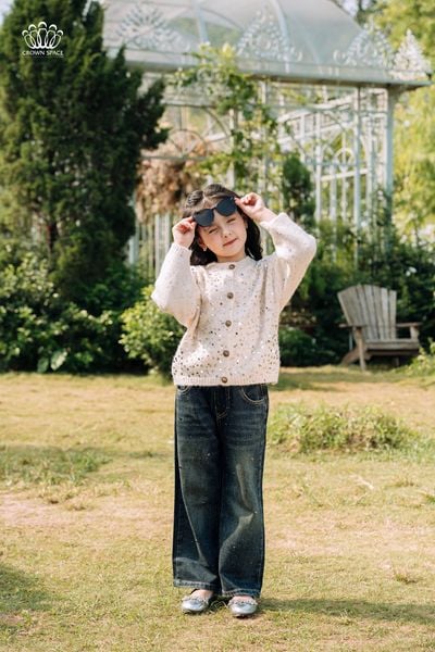 Áo Cardigan Len Bé Gái Cổ Tròn 2 Màu Hồng Be Lấp Lánh | Crown Space CKGL6441525