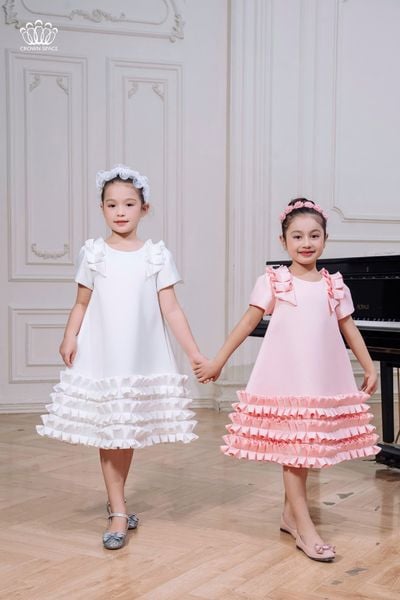  Váy Công Chúa Bé Gái Màu Hồng/Trắng Tafta Cao Cấp Sang Trọng Lấp Lánh Crown Space CKGS3841801 Đi Tiệc Đi Chơi (13kg-27kg ) 