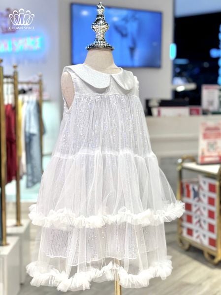  Váy Nhung Cộc Tay Bé Gái Cổ Bèo, Cao Cấp, Mềm Mại, Thoáng Mát | Crown Space CKGS3850121 