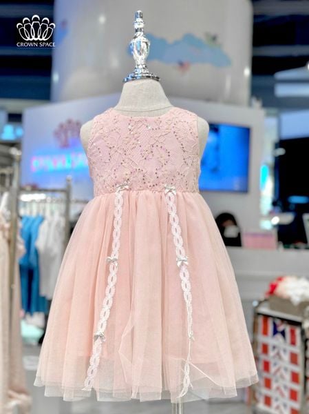  Váy Công chúa Bé Gái Cao Cấp Ren Hoa Sang Trọng Màu Be/Hồng | Crown Space CKGS2850104 