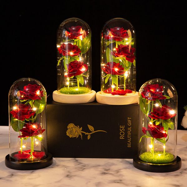 Hoa Hồng Thủy Tinh Màu tự nhiên 3 bông lồng kính đèn led - quà tặng tỏ tình - quà sinh nhật bạn gái