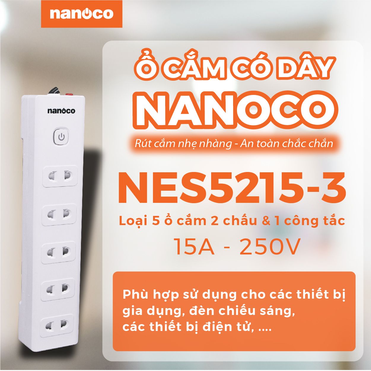  Ổ Cắm Có Dây Nanoco NES5215-3 