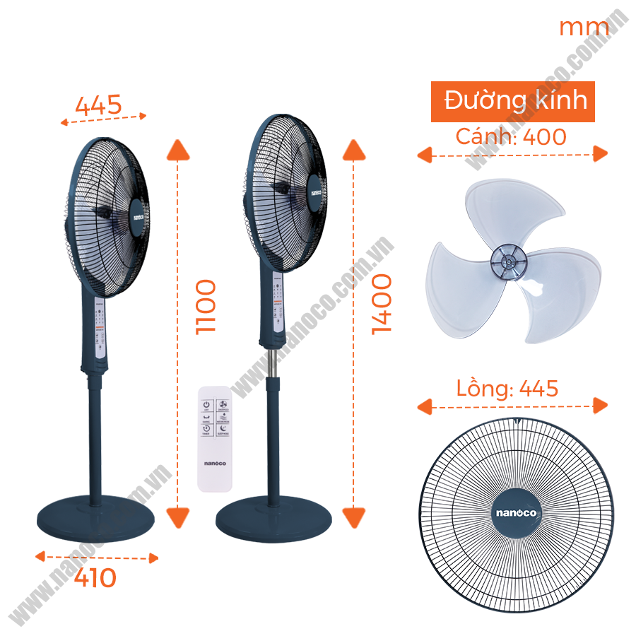  Quạt Đứng Có remote Nanoco NSF1602G-RCB (Màu xanh) 