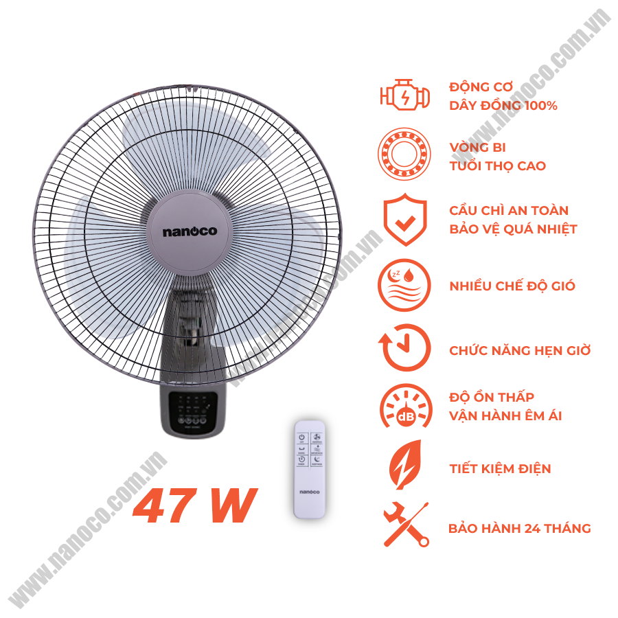  Quạt treo tường có remote Nanoco NWF1610RC-G 