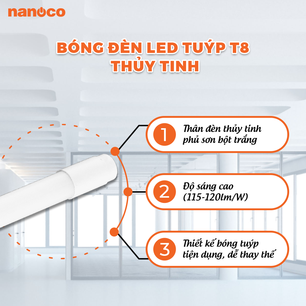  Bóng đèn LED tuýp T8 thủy tinh Nanoco 