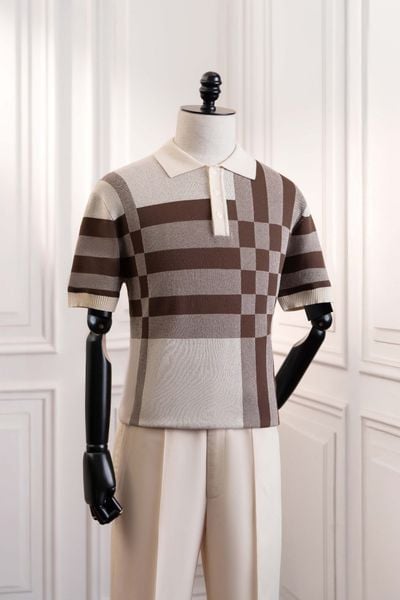 Áo mongtoghi ngắn tay Be họa tiết nâu kẻ ô ADAM STORE - AP198