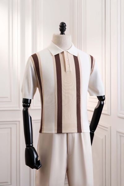 Áo mongtoghi ngắn tay họa tiết kẻ sọc nâu, sữa ADAM STORE - AP204