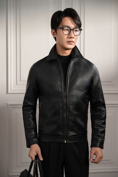 Áo khoác da đen trơn - AK061D