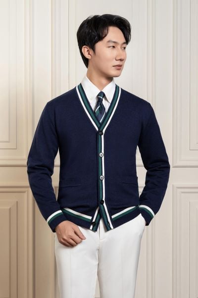 Áo khoác len cardigan xanh than, viền trắng xanh Adam Store - AL071X