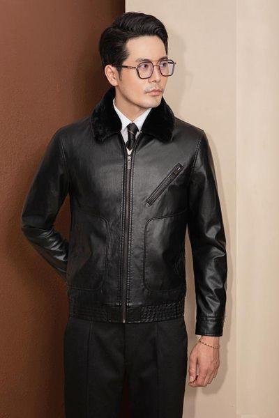 Áo Da Đen Cổ Lông Túi Ngực Chéo ADAM STORE - Ak033