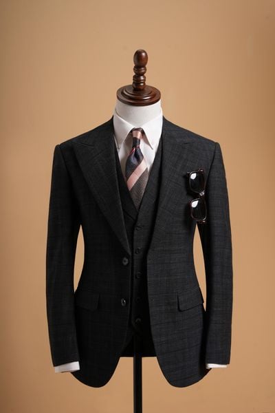 Áo vest xanh kẻ xước cổ ve nhọn 1 hàng khuy Adam Store - AV357