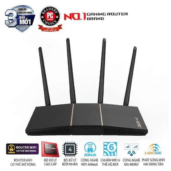 Bộ phát wifi 6 Asus RT AX57 (Chuẩn AX/ AX3000Mbps/ 4 Ăng-ten ngoài/ Wifi Mesh/ 45User)