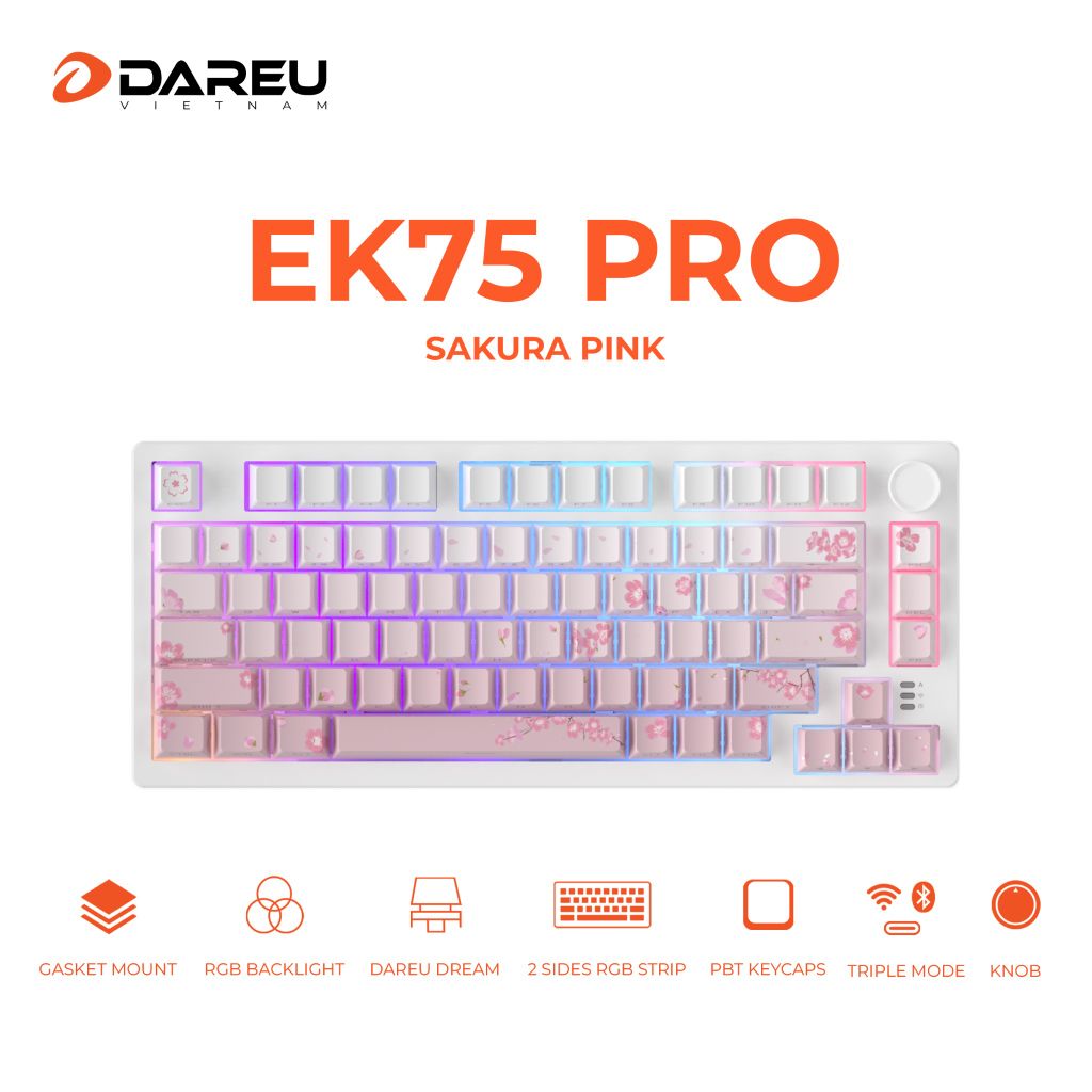 Bàn phím cơ không dây DAREU EK75 PRO – Sakura Pink (Triple Mode, Gasket Mount, RGB)