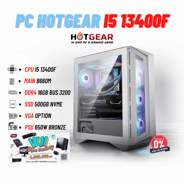 BỘ PC HOTGEAR  INTEL THẾ HỆ 13 INTEL i5 13400F/ MAIN H610M / DDR4 16GB / RTX 3050 8GB / SSD 500GB NVMe