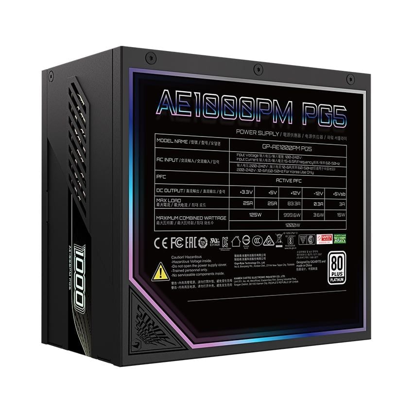 Nguồn Gigabyte Aorus Elite 1000W GP-AE1000PM PG5 ( 1000w, Platinum, ATX 3.0, Pcie 5.0)